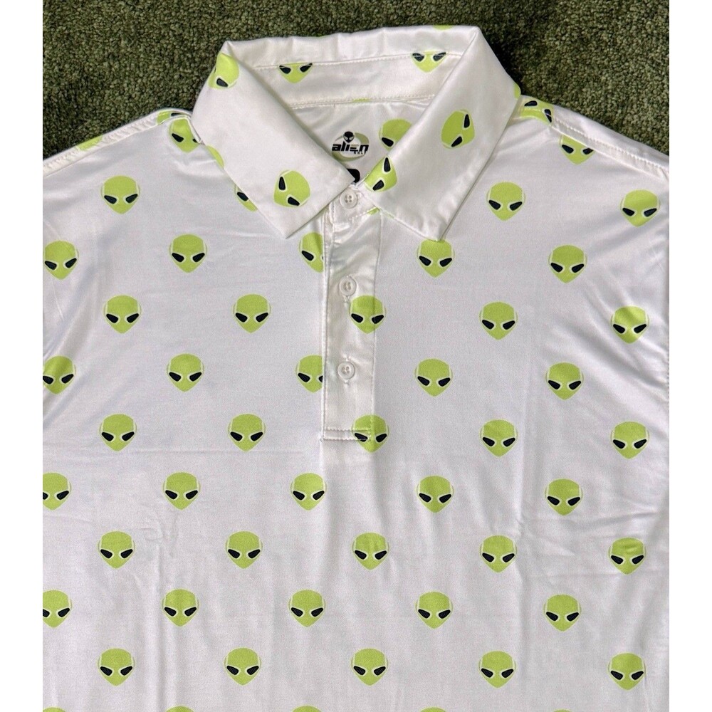 Alien Golf Polo Shirt All Over Print Mens Large White Lime Green Short Sleeved